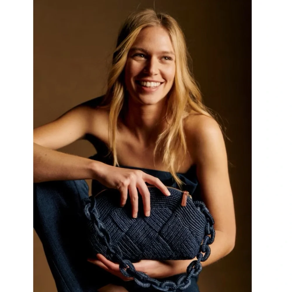 SEZANE Navy Blue Woven Braided Raffia Shoulder Bag Chain Link Strap Isabelle Bag - Picture 11 of 14